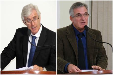 #PraCegoVer: Montagem de fotos mostra os vereadores Mayr e Scupenaro falando da tribuna para o plenário da Câmara
