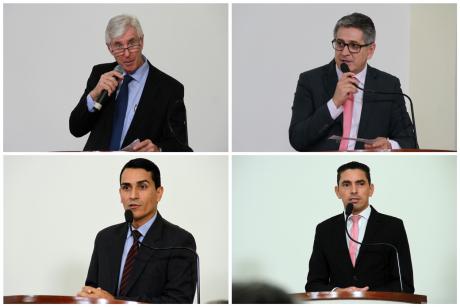 #PraCegoVer: Montagem de fotos mostra os vereadores Mayr, Aguiar, Kiko Beloni e Franklin falando do púlpito para o plenário da Câmara