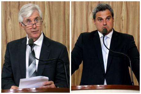 #PraCegoVer: Montagem mostra fotos dos vereadores Mayr e Salame falando ao microfone na tribuna da Câmara