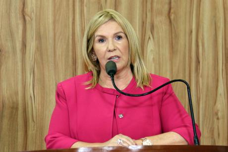 #PraCegoVer: Vereadora Dalva Berto discursa ao microfone na tribuna do plenário da Câmara