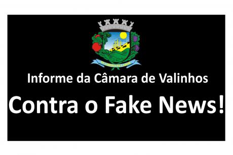 #PraCegoVer: Ilustração com fundo preto e brasão do município tem os seguintes dizeres, escritos em branco: "Informe da Câmara de Valinhos contra o Fake News".
