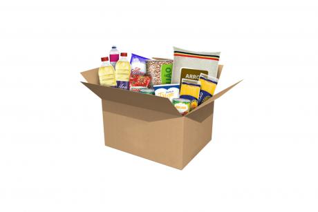 #PraCegoVer: Foto mostra a ilustração de uma cesta básica. Em uma caixa de papelão há alimentos como arroz, feijão, farinha de trigo e macarrão.