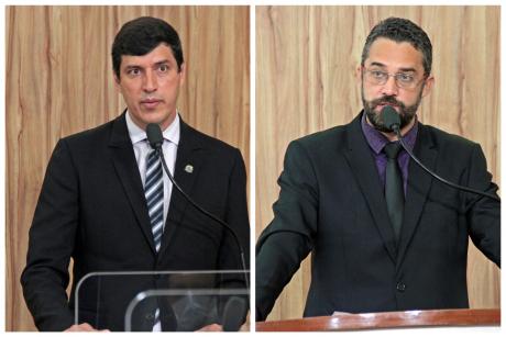 #PraCegoVer: Montagem tem fotos dos vereadores André Amaral e Alécio Cau. Eles falam ao microfone na tribuna da Câmara.