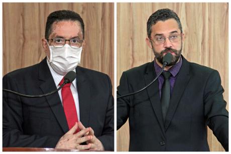 #PraCegoVer: Colagem mostra vereadores Fábio Damasceno e Alécio Cau falando ao microfone na tribuna da Câmara. Fábio usa máscara. 