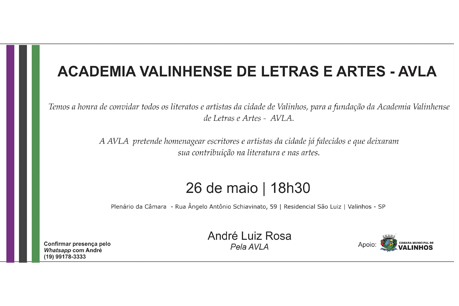 #PraCegoVer: Foto mostra convite da Academia Valinhense de Letras e Artes. No convite há informações sobre o evento, como data e horário. Informações que constam na matéria.