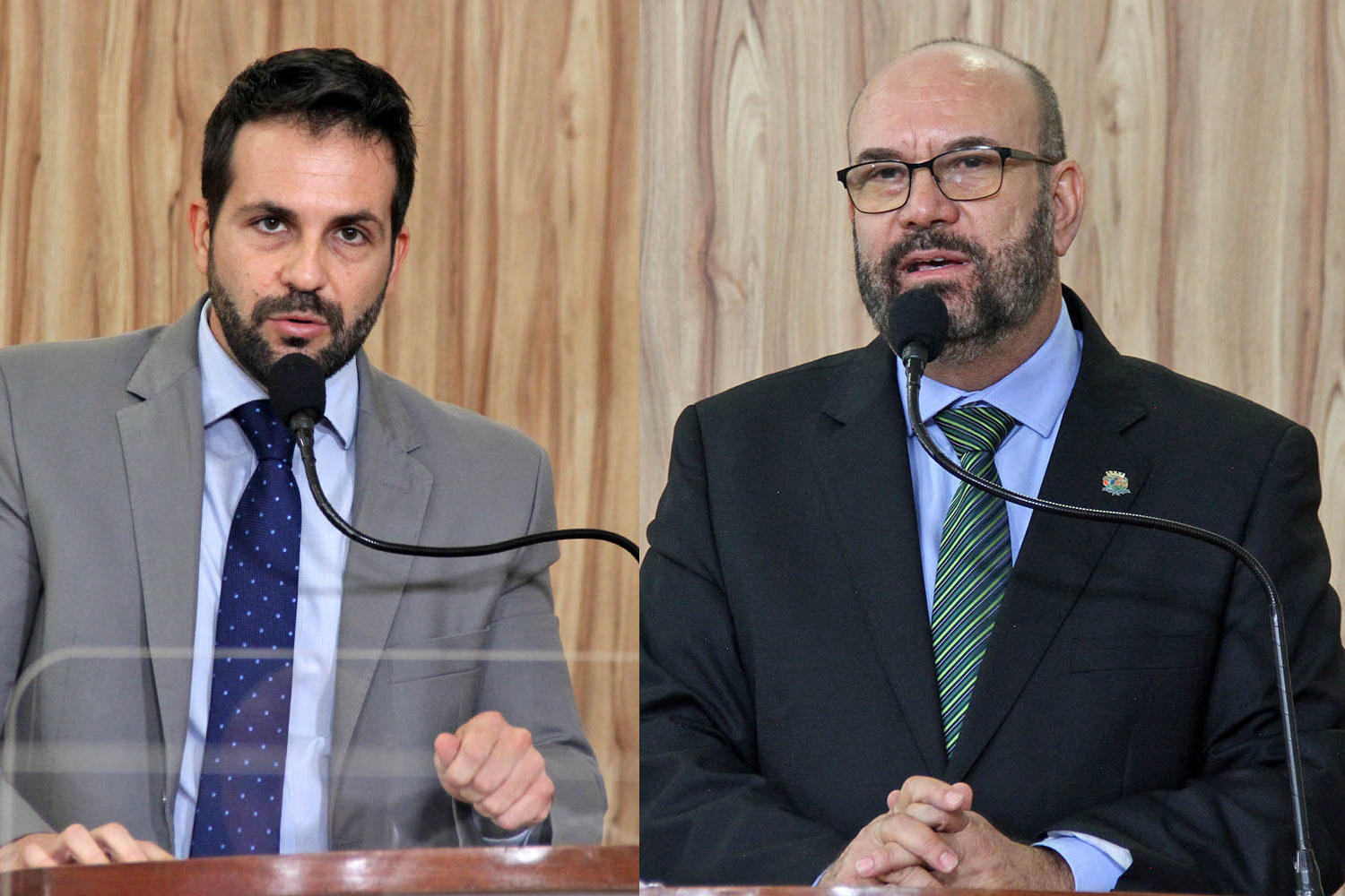 #PraCegoVer: Foto-montagem mostra o vereador Dr. André à esquerda e o vereador César Rocha à direita. Ambos discursam na tribuna da Câmara.