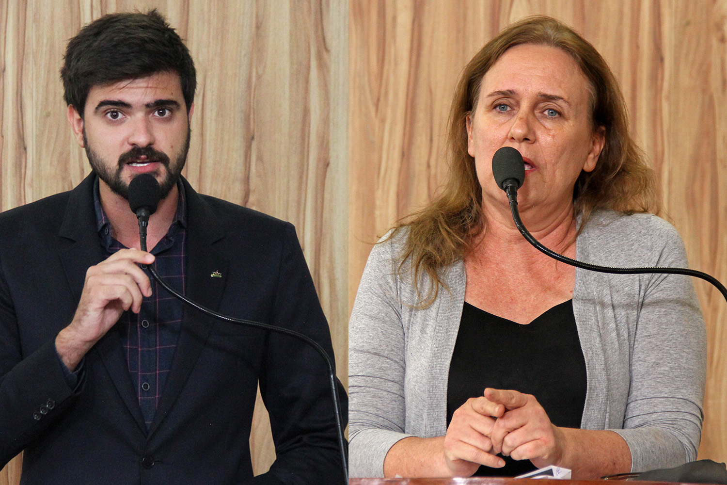 #PraCegoVer: Foto-montagem mostra o vereador Gabriel Bueno à esquerda e a vereadora Mônica Morandi à direita. Ambos estão discursando na tribuna da Câmara.