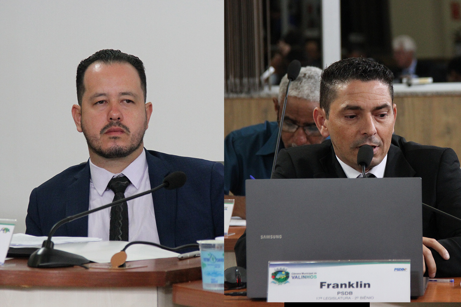 #PraCegoVer: foto-montagem mostra o vereador Alexandre Japa à esquerda e o vereador Franklin à direita. Ambos estão discursando durante a sessão.