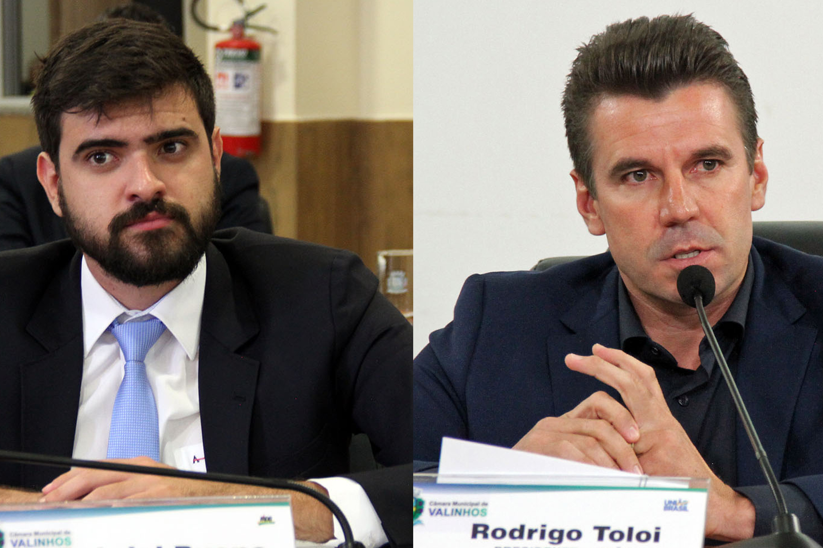 #PraCegoVer: foto-montagem mostra o vereador Gabriel Bueno à esquerda e o vereador Rodrigo Toloi à direita. Ambos estão no plenário, durante a sessão ordinária.