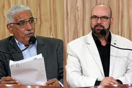 #PraCegoVer: foto-montagem mostra os vereadores Tunico e César Rocha lado a lado. Os dois ocupam a tribuna da Câmara.