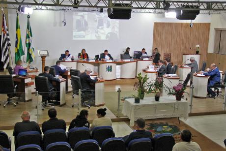 #PraCegoVer: foto mostra o plenário da Câmara visto de cima, com os vereadores sentados em seus lugares. Na frente do plenário, há uma mesa com vasos de orquídeas. 